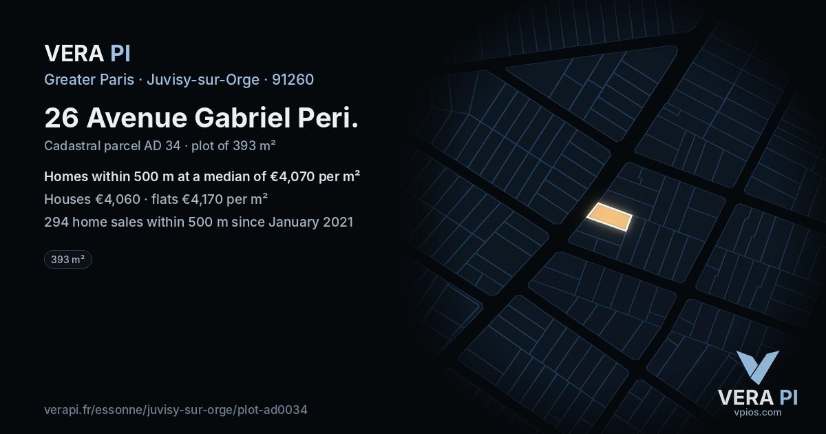 26 Avenue Gabriel Peri, Juvisy-sur-Orge at night – the plot lit, the parcels around coloured by the prices near them