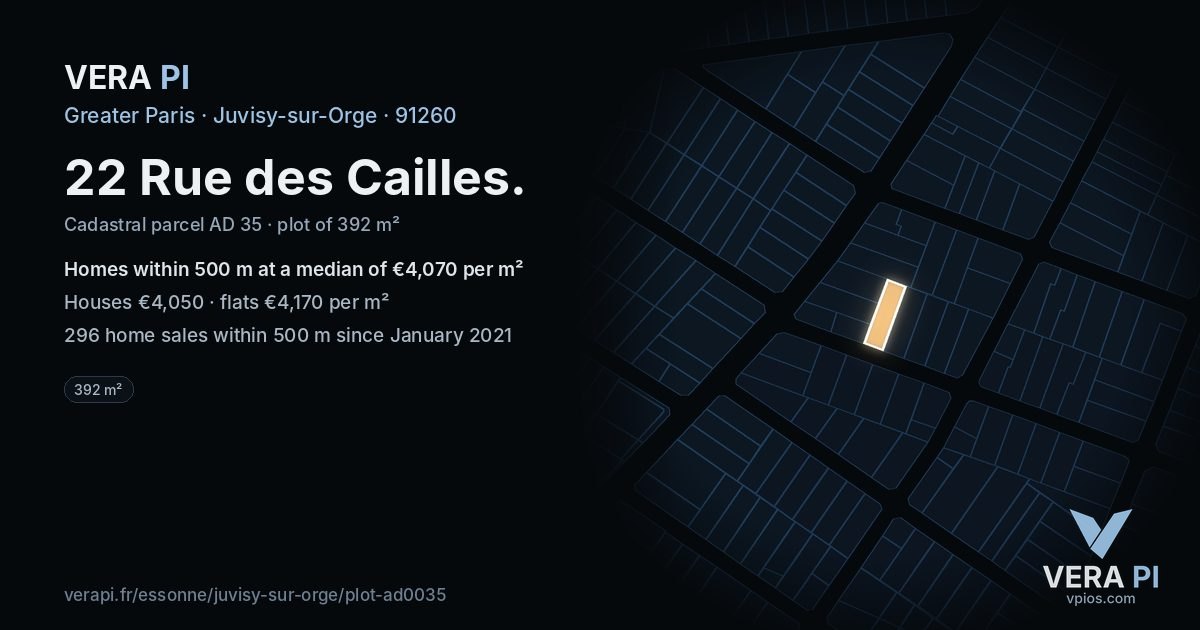 22 Rue des Cailles, Juvisy-sur-Orge at night – the plot lit, the parcels around coloured by the prices near them