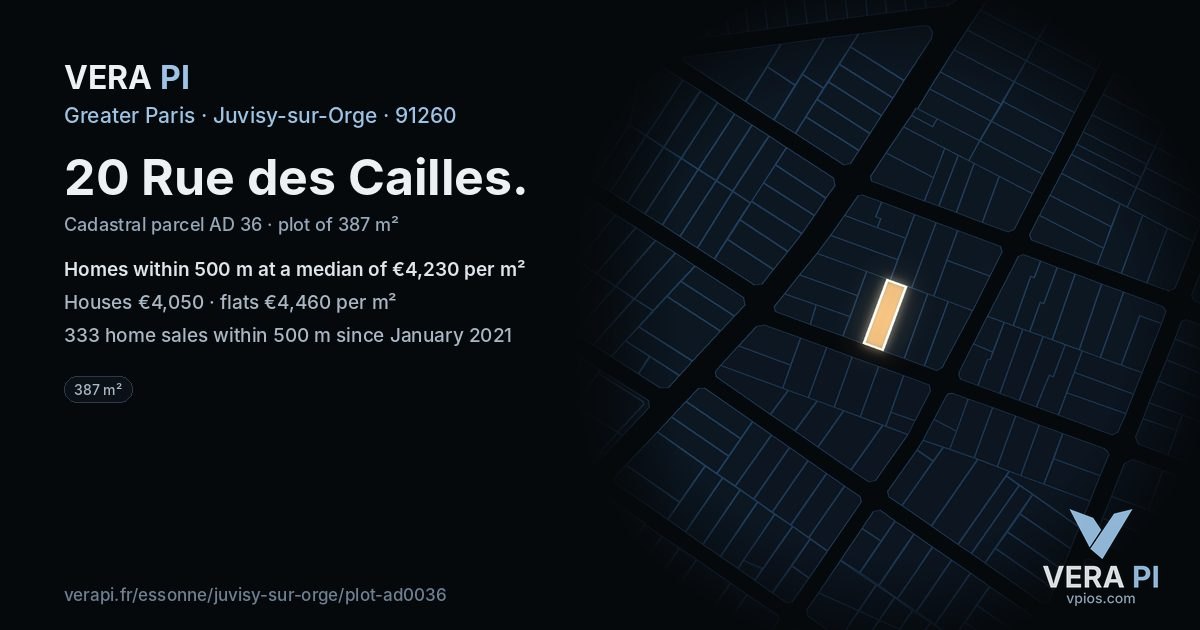 20 Rue des Cailles, Juvisy-sur-Orge at night – the plot lit, the parcels around coloured by the prices near them