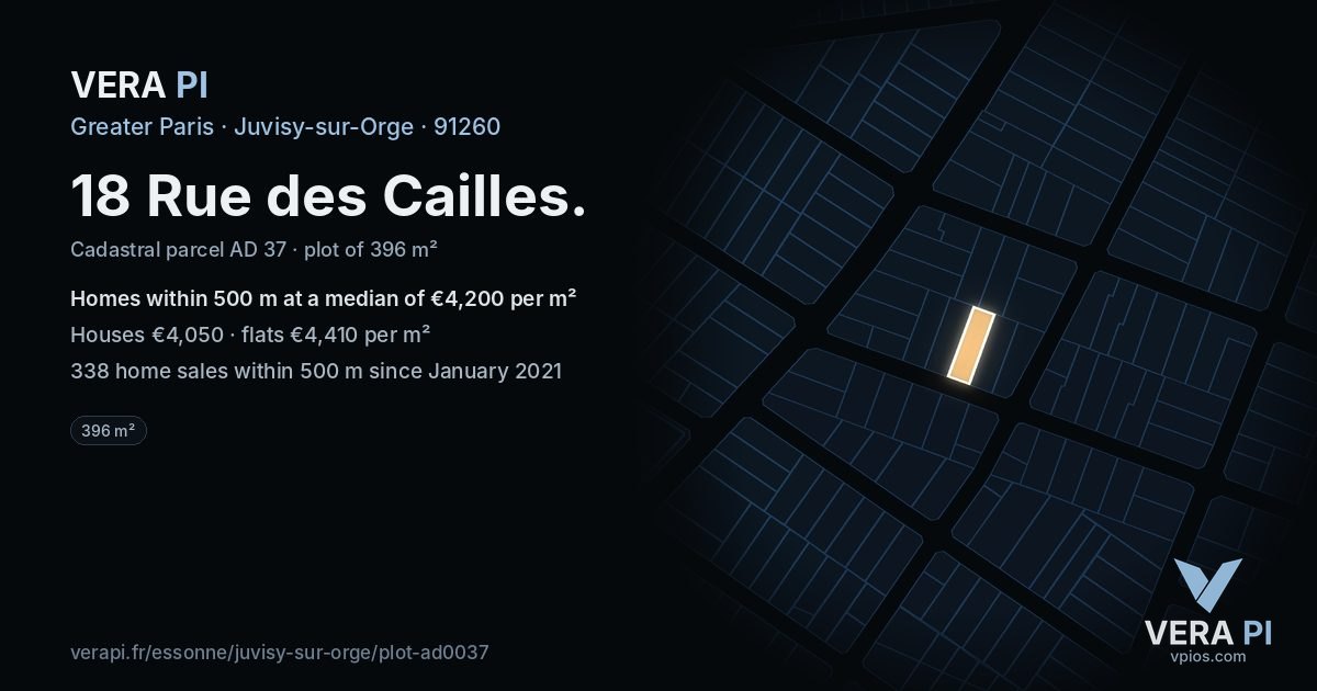 18 Rue des Cailles, Juvisy-sur-Orge at night – the plot lit, the parcels around coloured by the prices near them