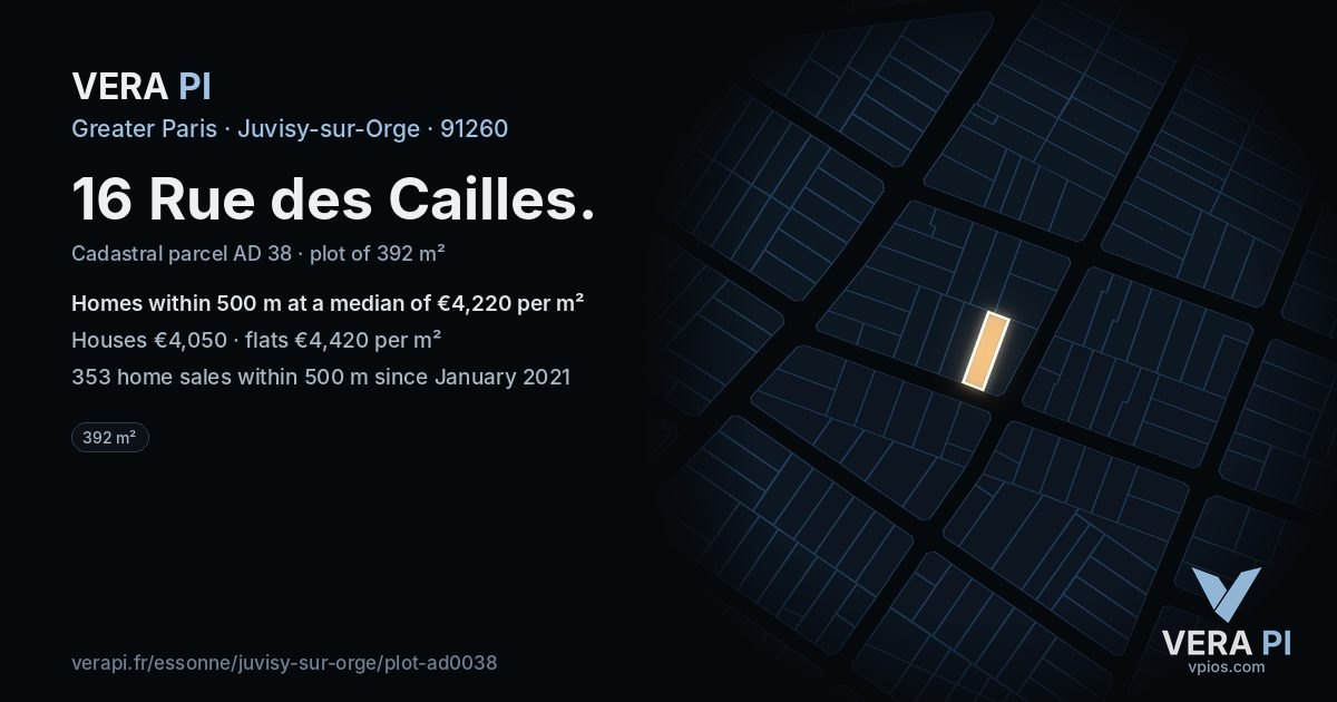 16 Rue des Cailles, Juvisy-sur-Orge at night – the plot lit, the parcels around coloured by the prices near them