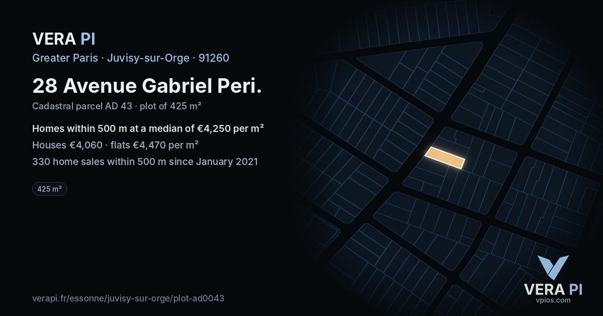 28 Avenue Gabriel Peri, Juvisy-sur-Orge at night – the plot lit, the parcels around coloured by the prices near them