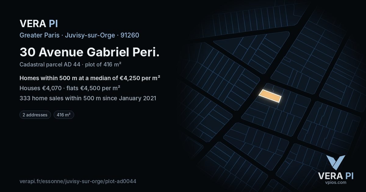 30 Avenue Gabriel Peri, Juvisy-sur-Orge at night – the plot lit, the parcels around coloured by the prices near them