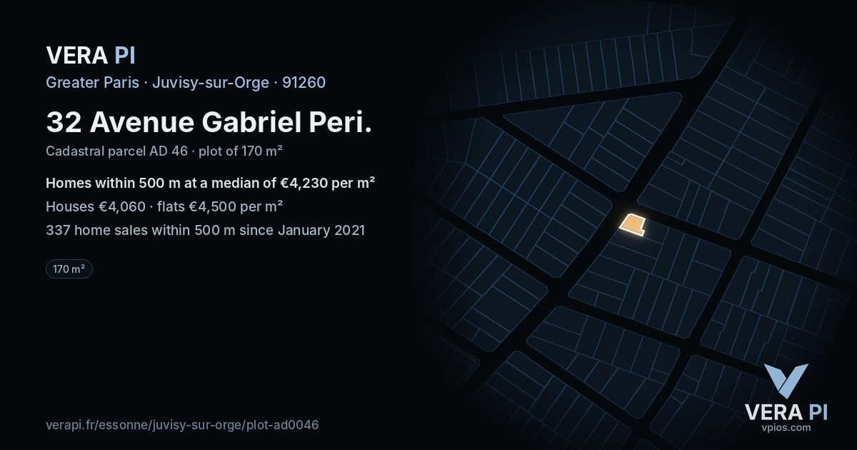 32 Avenue Gabriel Peri, Juvisy-sur-Orge at night – the plot lit, the parcels around coloured by the prices near them