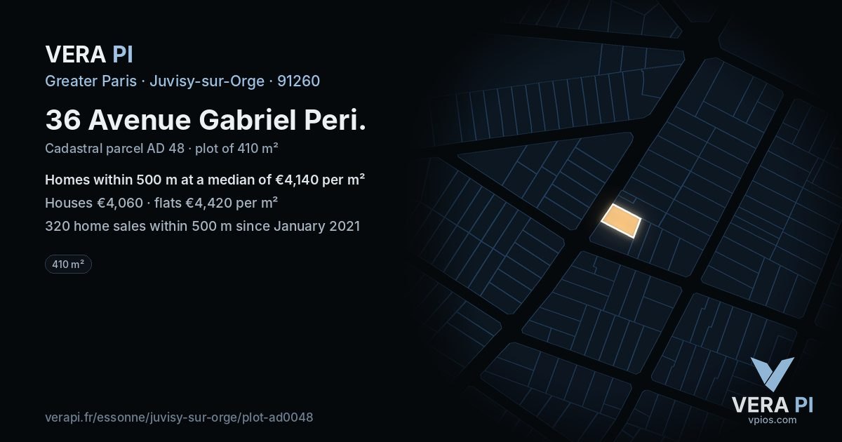 36 Avenue Gabriel Peri, Juvisy-sur-Orge at night – the plot lit, the parcels around coloured by the prices near them