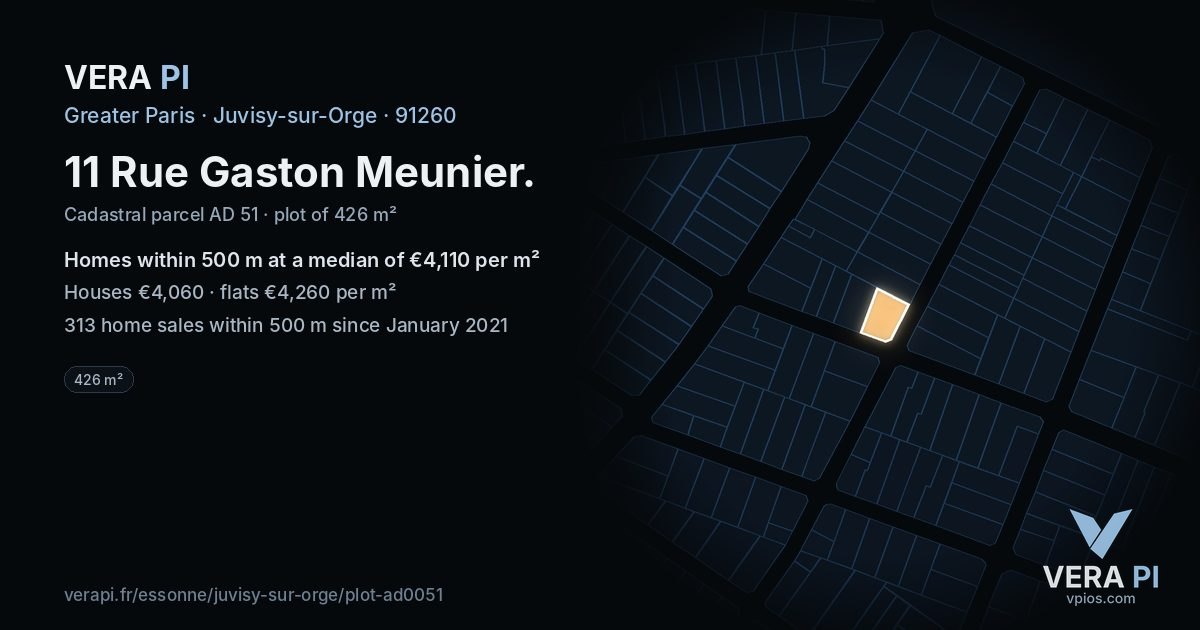 11 Rue Gaston Meunier, Juvisy-sur-Orge at night – the plot lit, the parcels around coloured by the prices near them