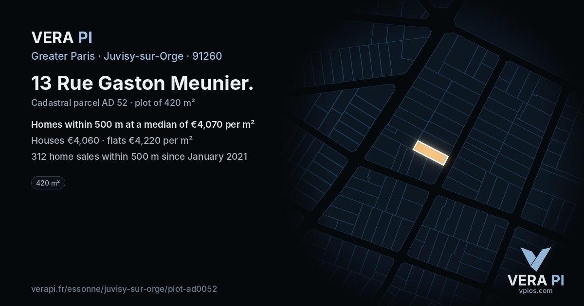 13 Rue Gaston Meunier, Juvisy-sur-Orge at night – the plot lit, the parcels around coloured by the prices near them