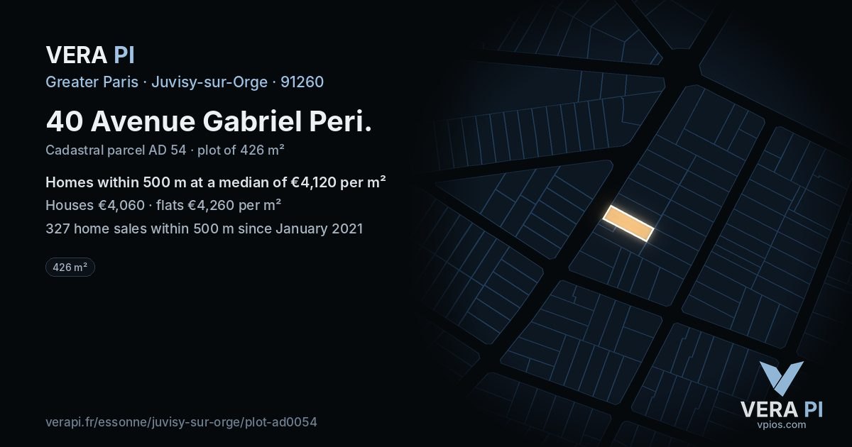 40 Avenue Gabriel Peri, Juvisy-sur-Orge at night – the plot lit, the parcels around coloured by the prices near them