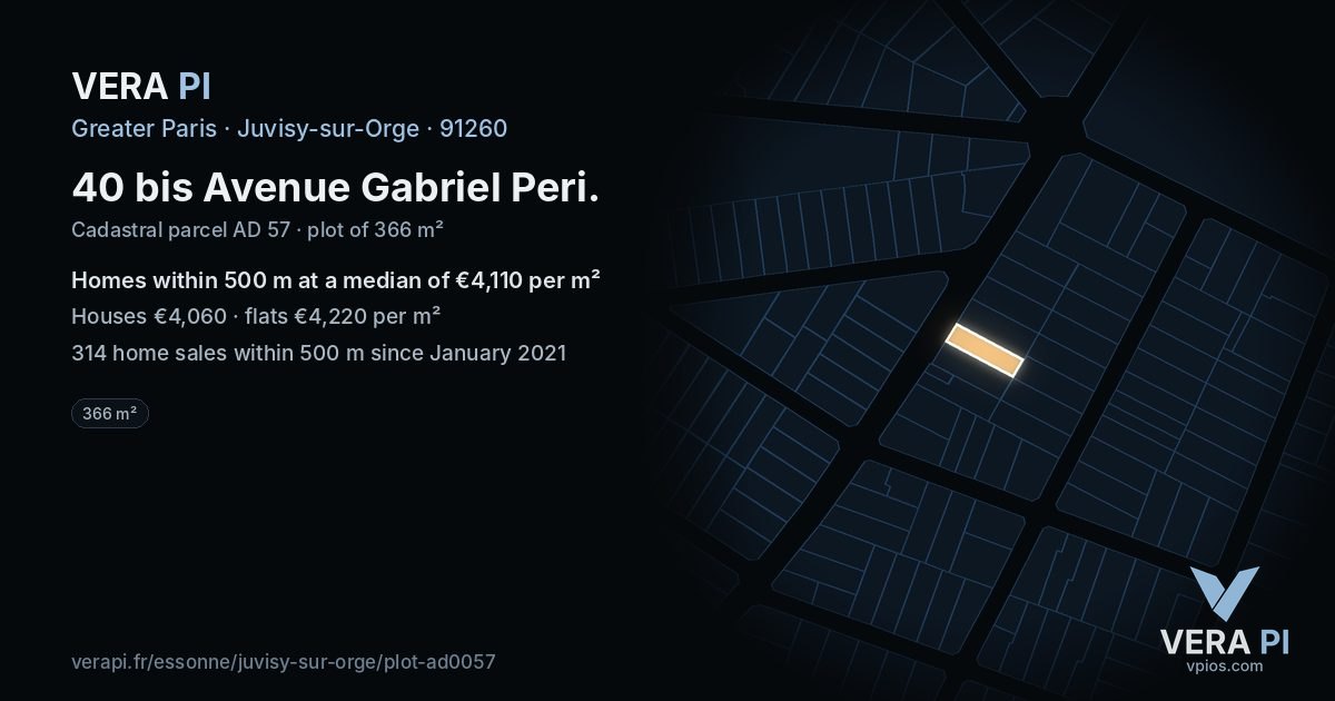 40 bis Avenue Gabriel Peri, Juvisy-sur-Orge at night – the plot lit, the parcels around coloured by the prices near them