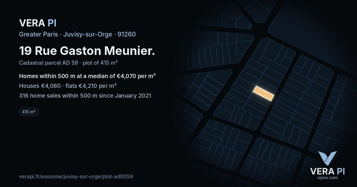 19 Rue Gaston Meunier, Juvisy-sur-Orge at night – the plot lit, the parcels around coloured by the prices near them