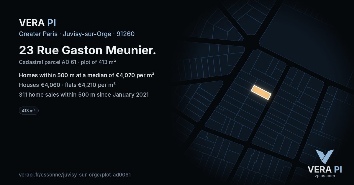 23 Rue Gaston Meunier, Juvisy-sur-Orge at night – the plot lit, the parcels around coloured by the prices near them