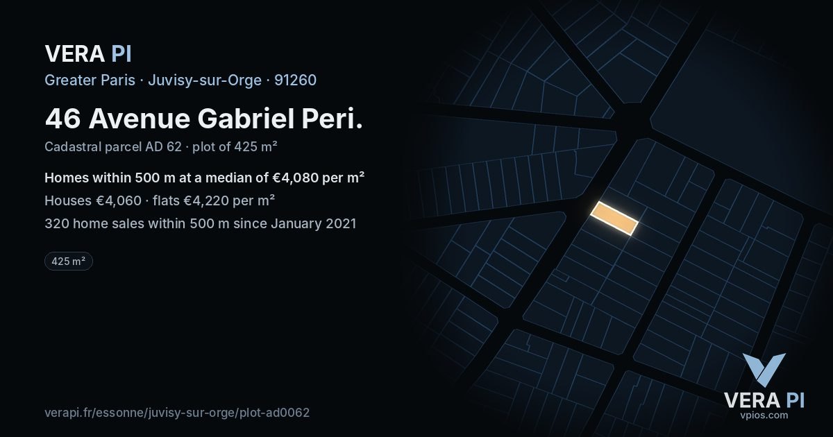46 Avenue Gabriel Peri, Juvisy-sur-Orge at night – the plot lit, the parcels around coloured by the prices near them