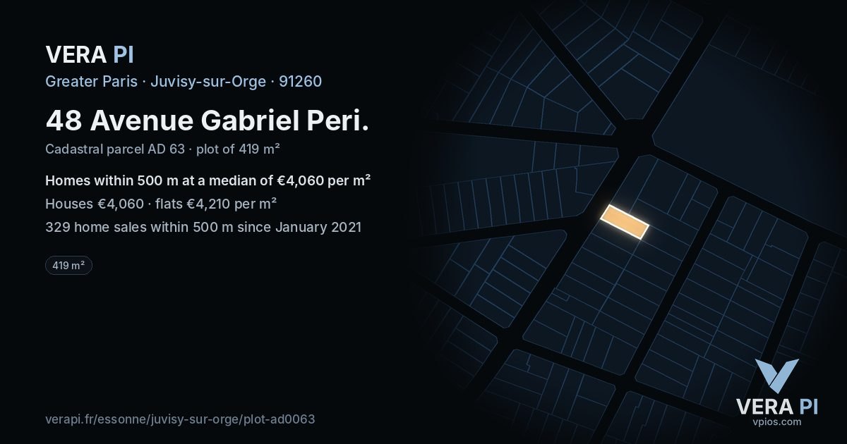 48 Avenue Gabriel Peri, Juvisy-sur-Orge at night – the plot lit, the parcels around coloured by the prices near them