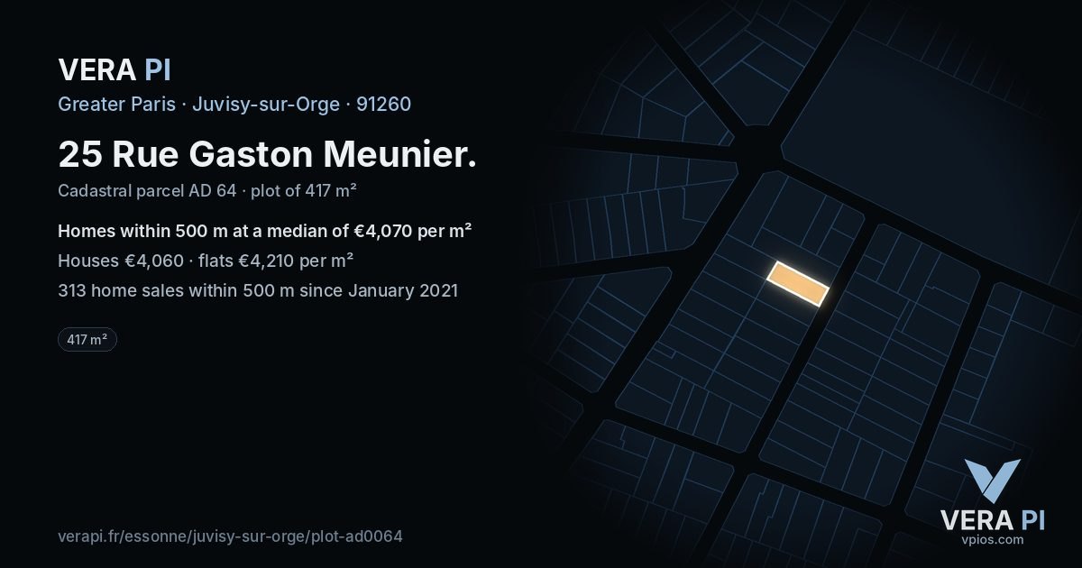 25 Rue Gaston Meunier, Juvisy-sur-Orge at night – the plot lit, the parcels around coloured by the prices near them