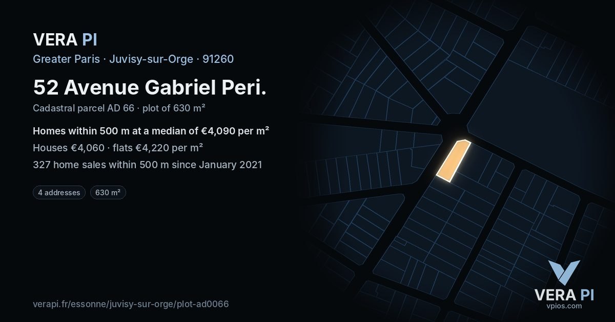 52 Avenue Gabriel Peri, Juvisy-sur-Orge at night – the plot lit, the parcels around coloured by the prices near them