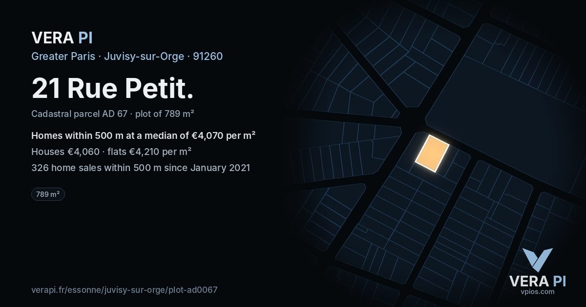 21 Rue Petit, Juvisy-sur-Orge at night – the plot lit, the parcels around coloured by the prices near them