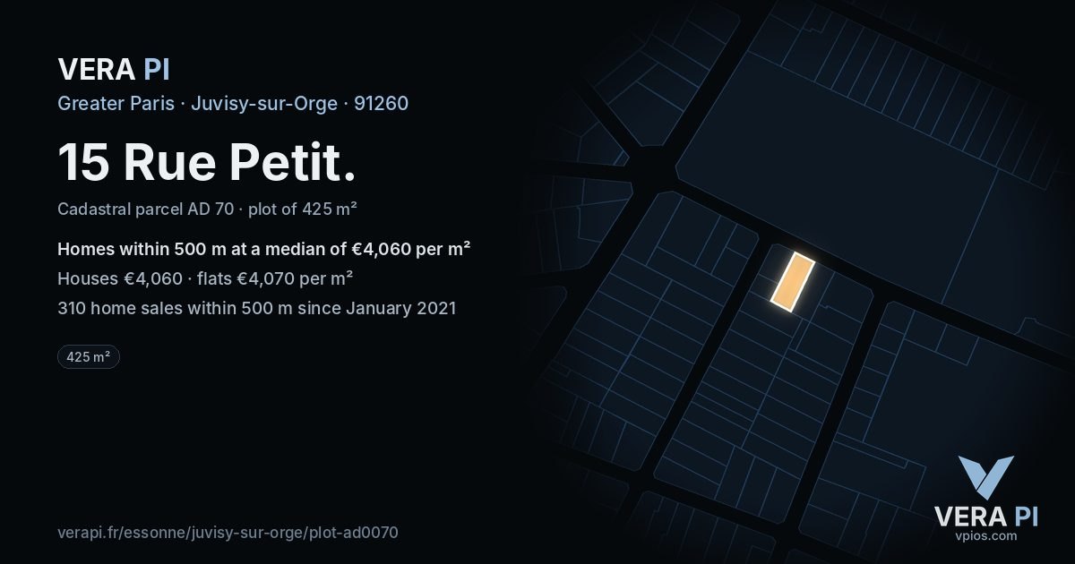 15 Rue Petit, Juvisy-sur-Orge at night – the plot lit, the parcels around coloured by the prices near them