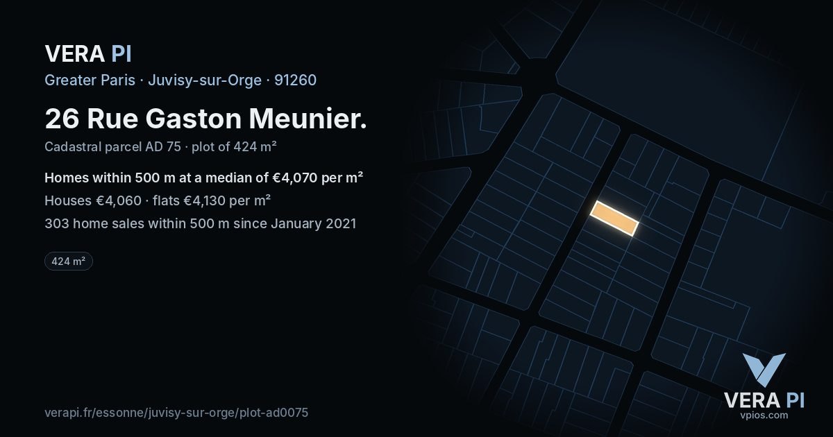 26 Rue Gaston Meunier, Juvisy-sur-Orge at night – the plot lit, the parcels around coloured by the prices near them