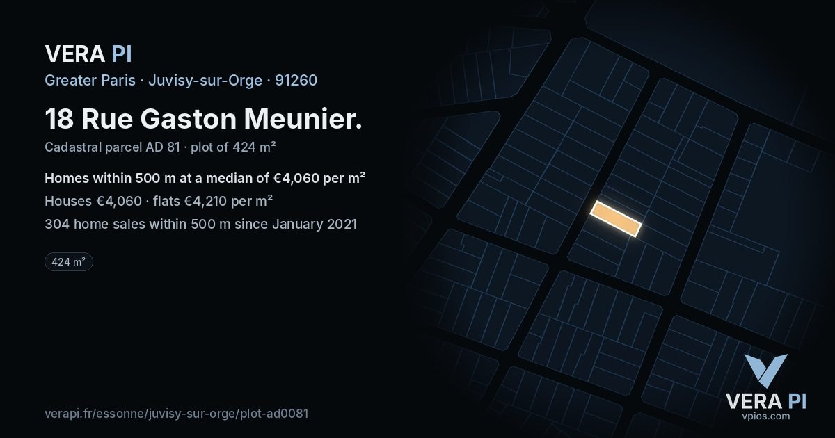 18 Rue Gaston Meunier, Juvisy-sur-Orge at night – the plot lit, the parcels around coloured by the prices near them