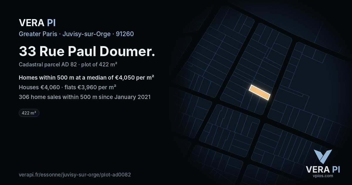 33 Rue Paul Doumer, Juvisy-sur-Orge at night – the plot lit, the parcels around coloured by the prices near them