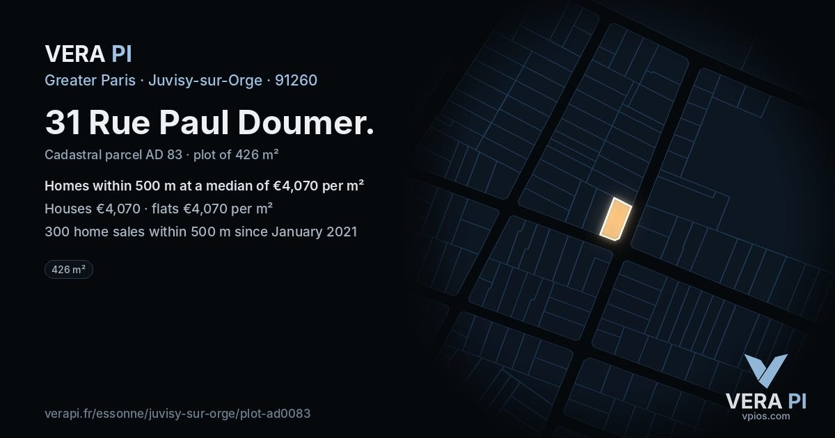31 Rue Paul Doumer, Juvisy-sur-Orge at night – the plot lit, the parcels around coloured by the prices near them
