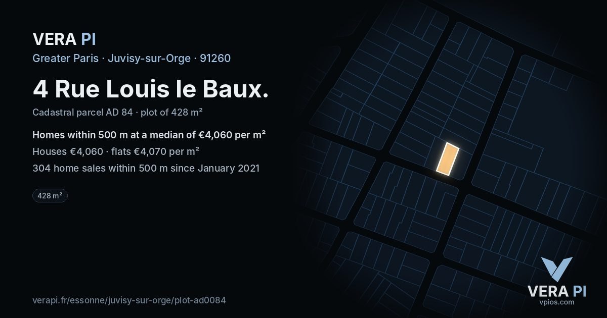 4 Rue Louis le Baux, Juvisy-sur-Orge at night – the plot lit, the parcels around coloured by the prices near them