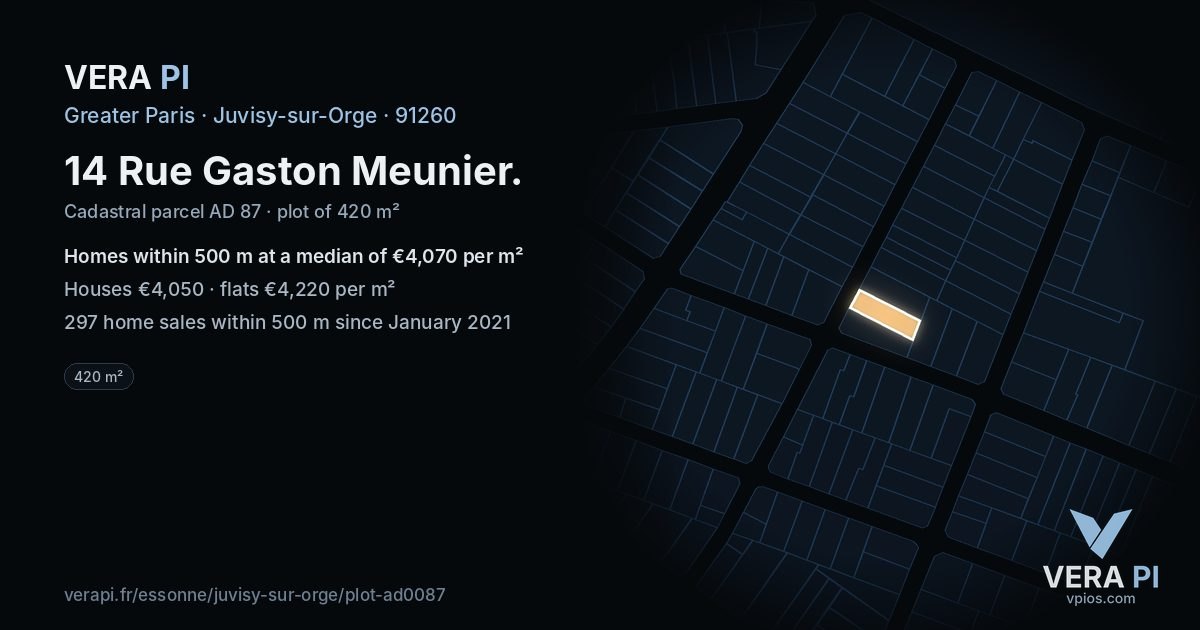 14 Rue Gaston Meunier, Juvisy-sur-Orge at night – the plot lit, the parcels around coloured by the prices near them