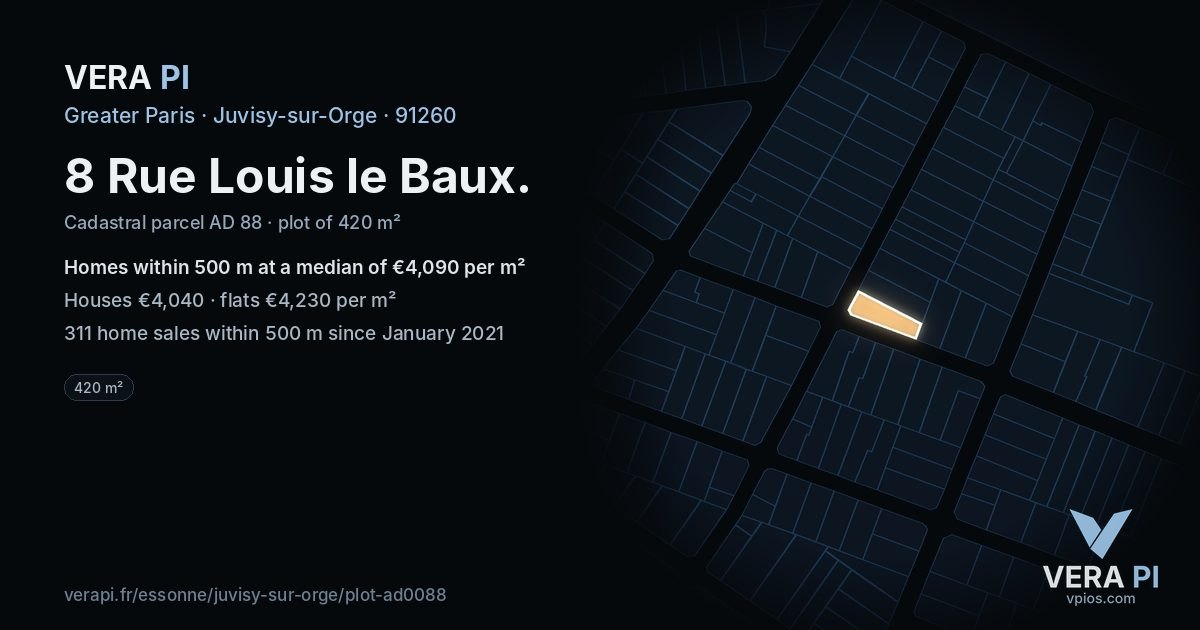 8 Rue Louis le Baux, Juvisy-sur-Orge at night – the plot lit, the parcels around coloured by the prices near them