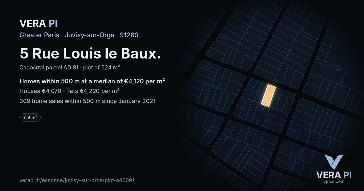 5 Rue Louis le Baux, Juvisy-sur-Orge at night – the plot lit, the parcels around coloured by the prices near them