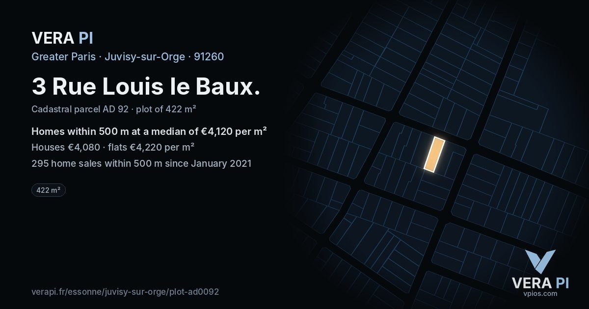3 Rue Louis le Baux, Juvisy-sur-Orge at night – the plot lit, the parcels around coloured by the prices near them
