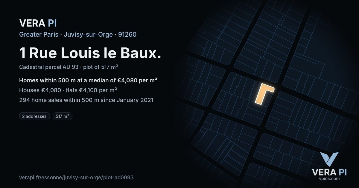 1 Rue Louis le Baux, Juvisy-sur-Orge at night – the plot lit, the parcels around coloured by the prices near them