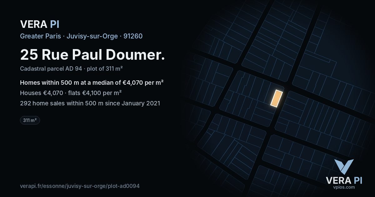 25 Rue Paul Doumer, Juvisy-sur-Orge at night – the plot lit, the parcels around coloured by the prices near them