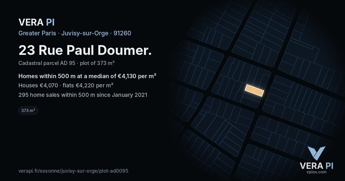 23 Rue Paul Doumer, Juvisy-sur-Orge at night – the plot lit, the parcels around coloured by the prices near them