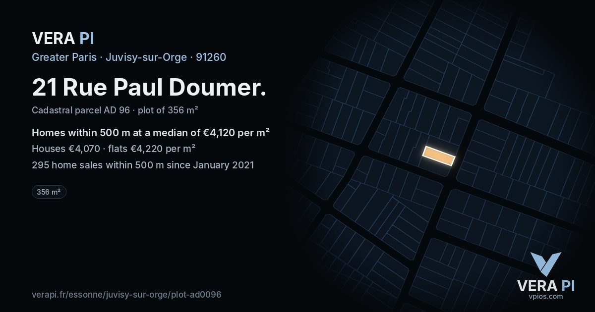 21 Rue Paul Doumer, Juvisy-sur-Orge at night – the plot lit, the parcels around coloured by the prices near them