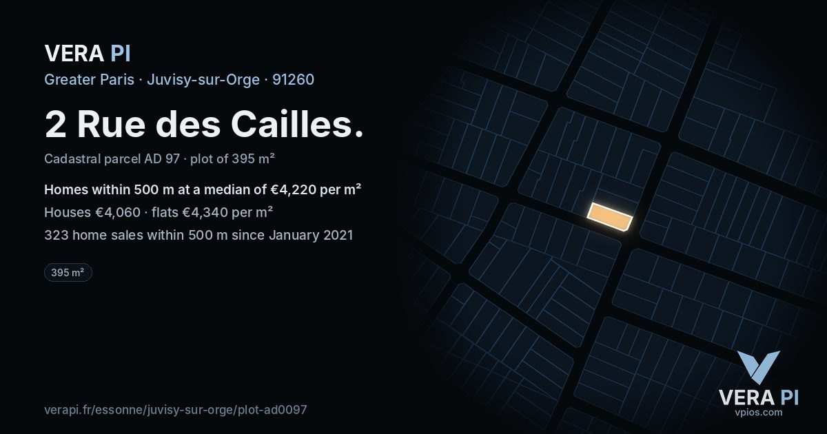 2 Rue des Cailles, Juvisy-sur-Orge at night – the plot lit, the parcels around coloured by the prices near them