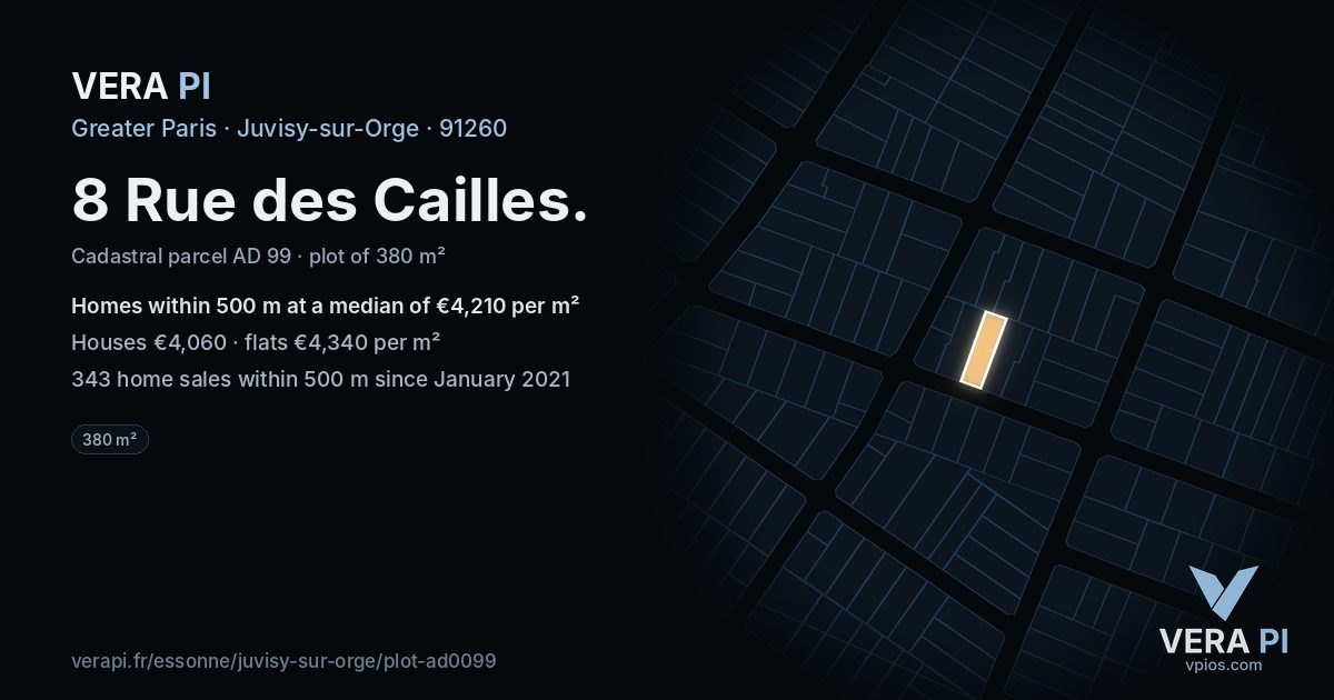 8 Rue des Cailles, Juvisy-sur-Orge at night – the plot lit, the parcels around coloured by the prices near them