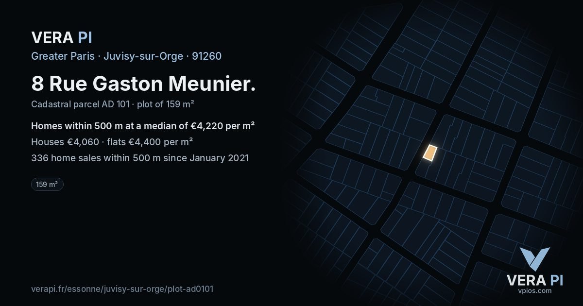 8 Rue Gaston Meunier, Juvisy-sur-Orge at night – the plot lit, the parcels around coloured by the prices near them