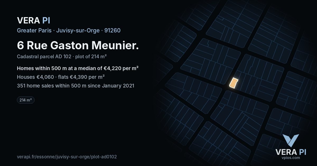 6 Rue Gaston Meunier, Juvisy-sur-Orge at night – the plot lit, the parcels around coloured by the prices near them