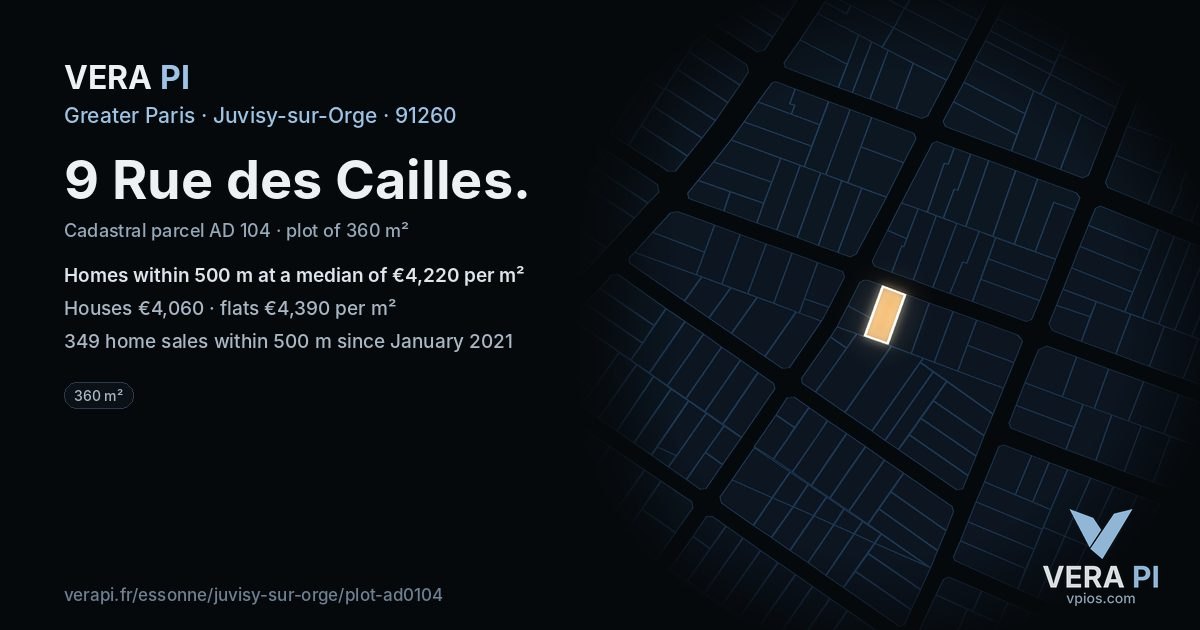 9 Rue des Cailles, Juvisy-sur-Orge at night – the plot lit, the parcels around coloured by the prices near them