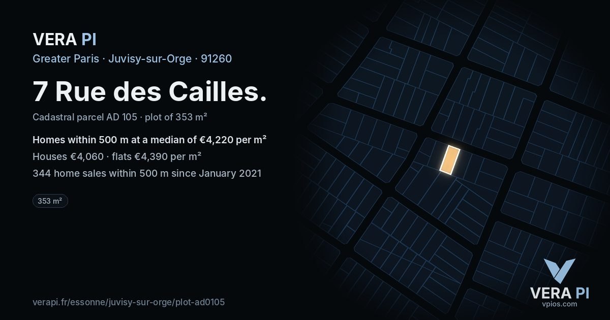 7 Rue des Cailles, Juvisy-sur-Orge at night – the plot lit, the parcels around coloured by the prices near them