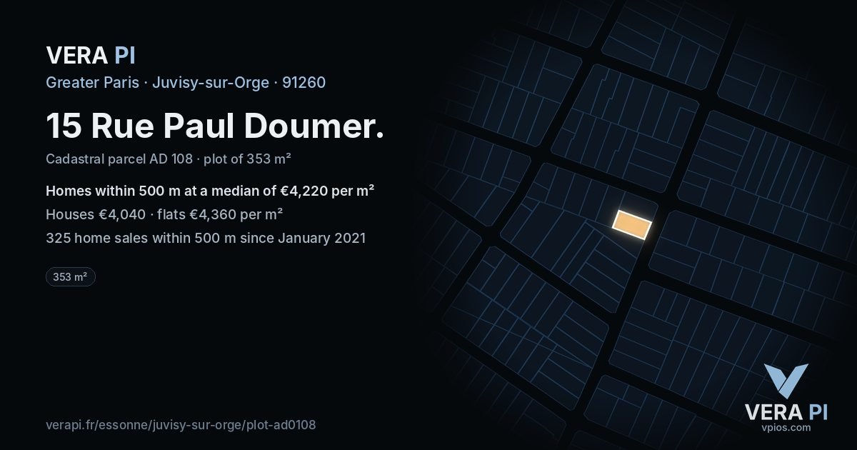 15 Rue Paul Doumer, Juvisy-sur-Orge at night – the plot lit, the parcels around coloured by the prices near them