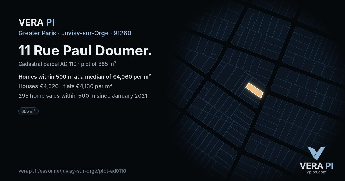 11 Rue Paul Doumer, Juvisy-sur-Orge at night – the plot lit, the parcels around coloured by the prices near them