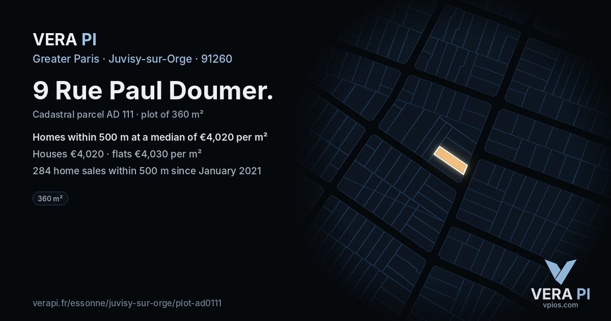 9 Rue Paul Doumer, Juvisy-sur-Orge at night – the plot lit, the parcels around coloured by the prices near them