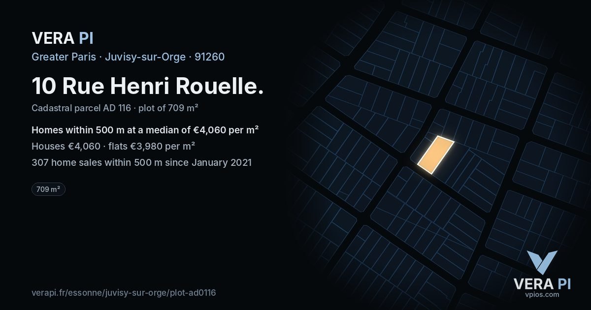 10 Rue Henri Rouelle, Juvisy-sur-Orge at night – the plot lit, the parcels around coloured by the prices near them