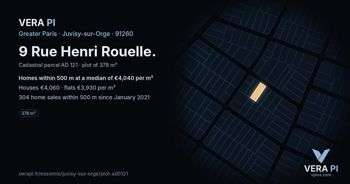 9 Rue Henri Rouelle, Juvisy-sur-Orge at night – the plot lit, the parcels around coloured by the prices near them