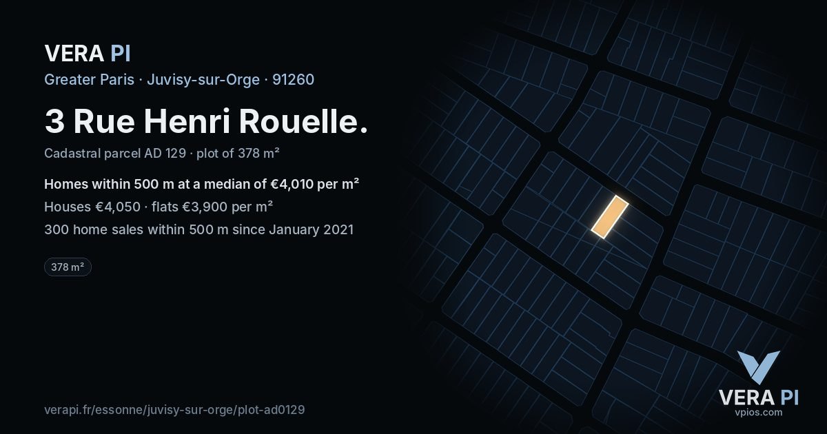 3 Rue Henri Rouelle, Juvisy-sur-Orge at night – the plot lit, the parcels around coloured by the prices near them