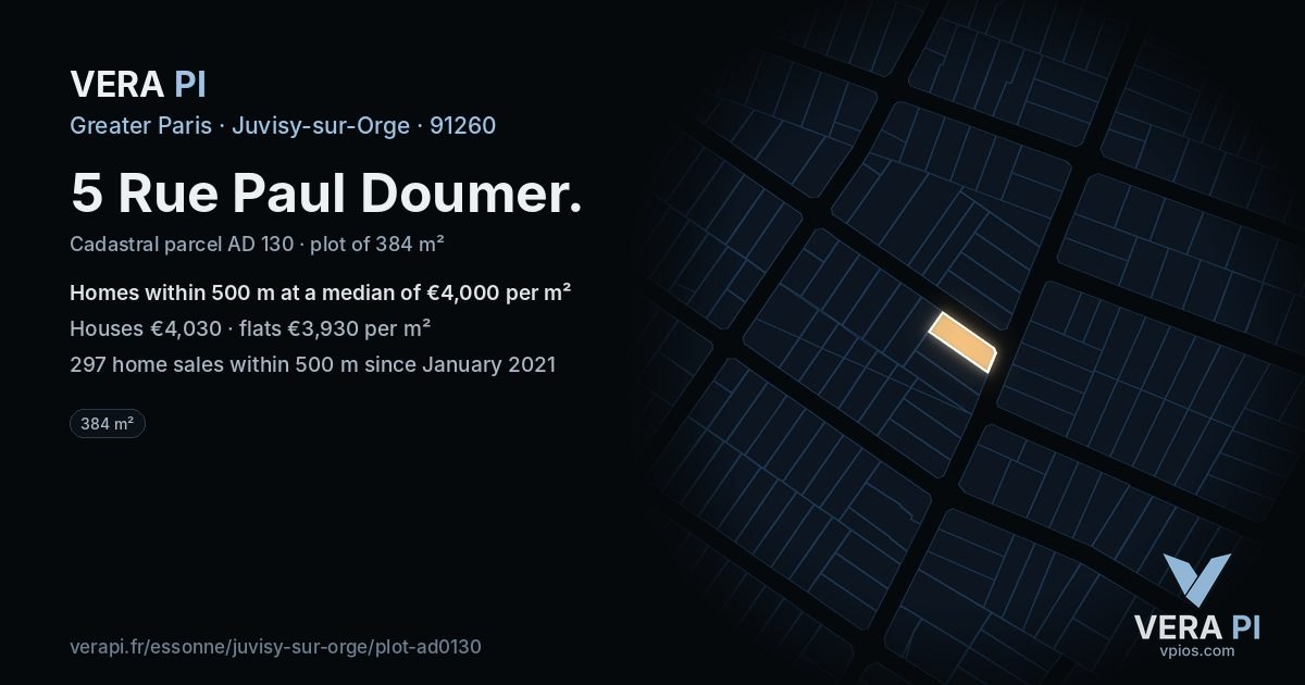 5 Rue Paul Doumer, Juvisy-sur-Orge at night – the plot lit, the parcels around coloured by the prices near them