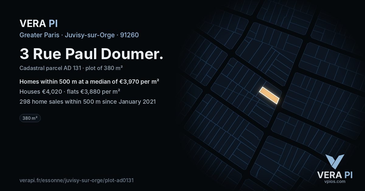 3 Rue Paul Doumer, Juvisy-sur-Orge at night – the plot lit, the parcels around coloured by the prices near them