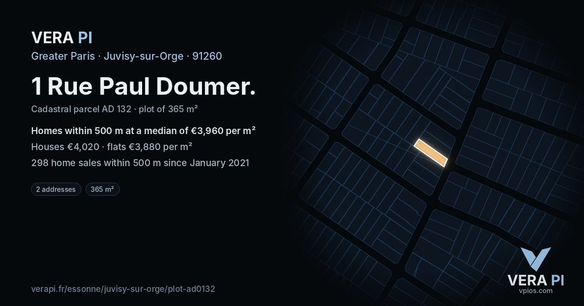 1 Rue Paul Doumer, Juvisy-sur-Orge at night – the plot lit, the parcels around coloured by the prices near them