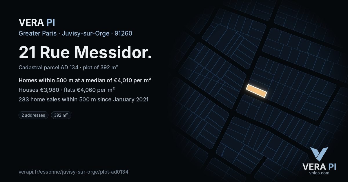 21 Rue Messidor, Juvisy-sur-Orge at night – the plot lit, the parcels around coloured by the prices near them